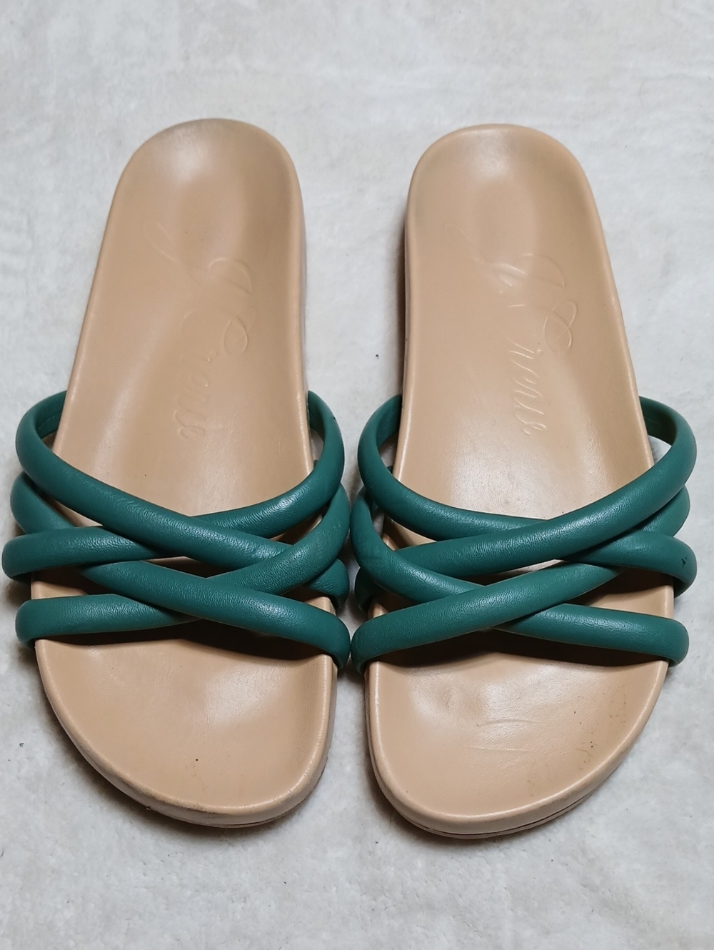 J. Crew Tan Slide Sandals with Teal Crisscross Straps Size 11